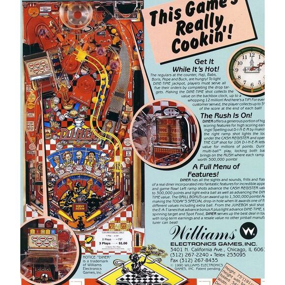 NOT LISTED Diner Pinball FLYER 1990 Original NOS Williams - Picture 2 of 4